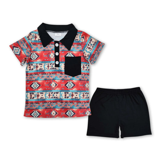 Black pocket aztec polo shirt shorts western boys outfits