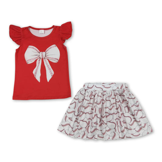 Red flutter sleeves baseball bow top skirt girls clothes