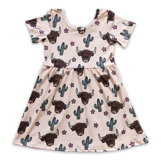 Short sleeves highland cow cactus girls dresses