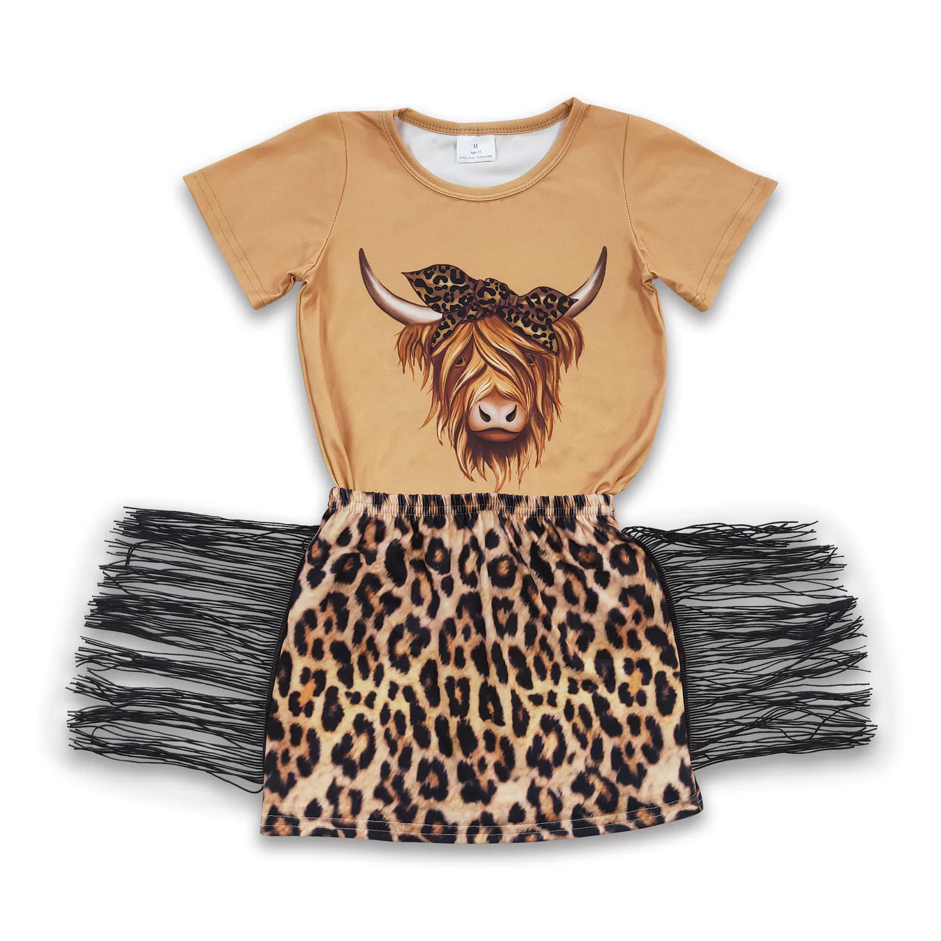 Highland cow shirt leopard tassels skirt girl set