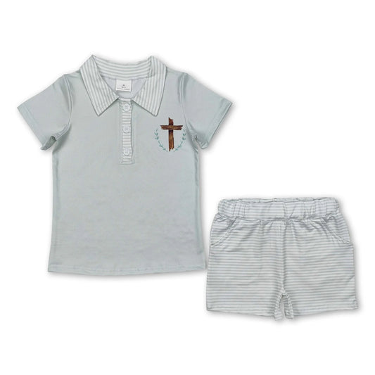 Short sleeves cross polo shirt stripe shorts boys Easter set