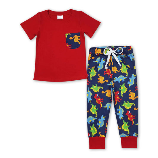 Red pocket top dinosaur pants kids boy clothes