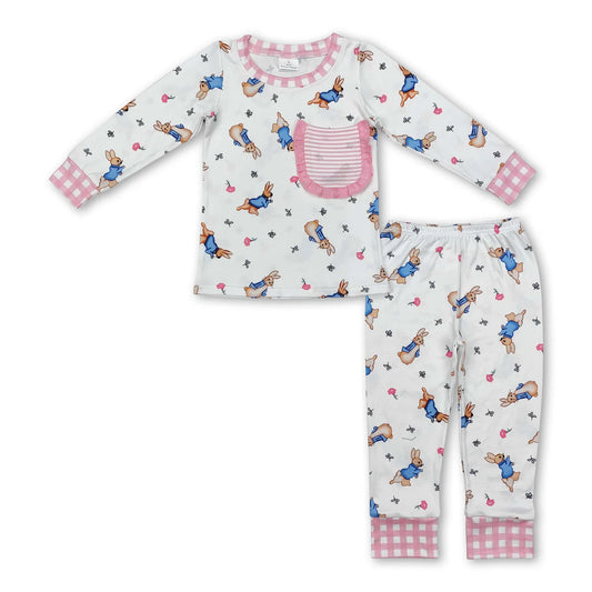 Pink plaid pocket rabbit baby girls Easter pajamas