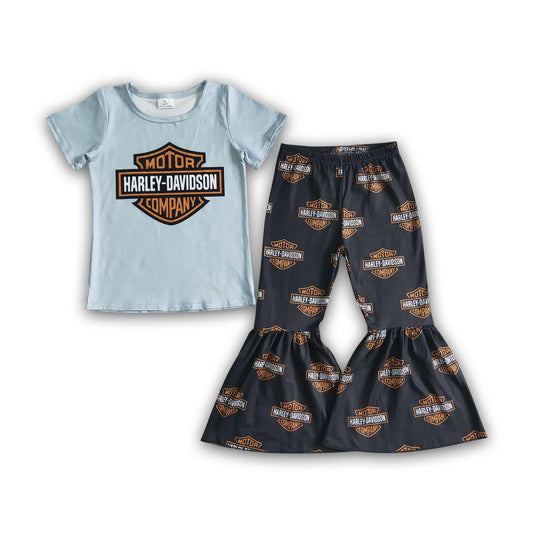 Short sleeve motor bell bottom pants kids girls cool set