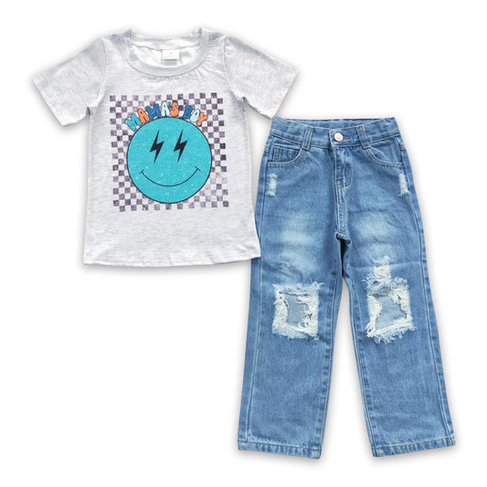 Mama's boy smile shirt hole denim pants baby kids clothes