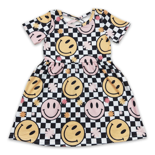 Plaid smile flower short sleeves boho girls dress