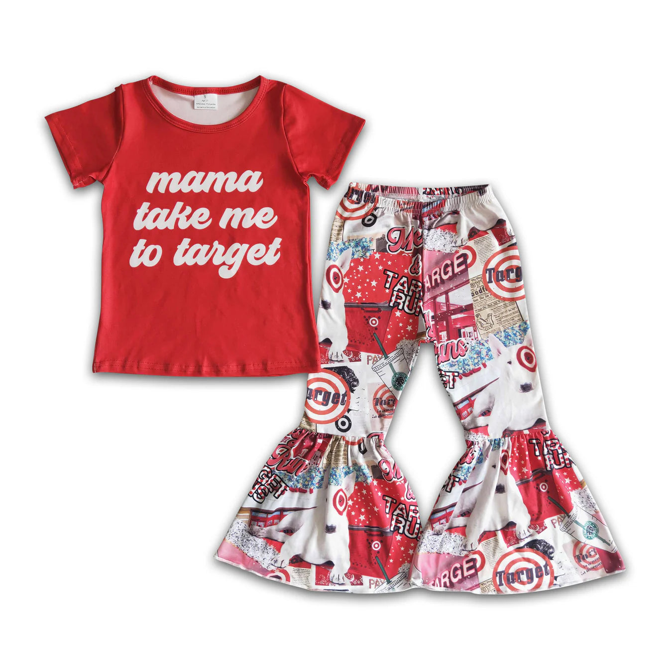 Red mama take me cart bell bottom pants girls clothing set