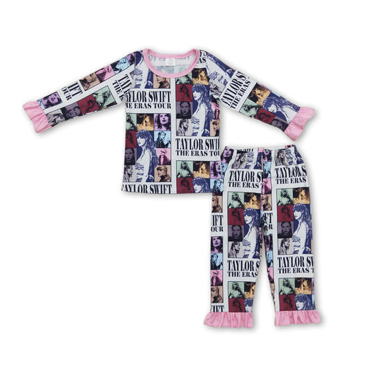 Long sleeves pink patchwork singer girls bamboo pajamas